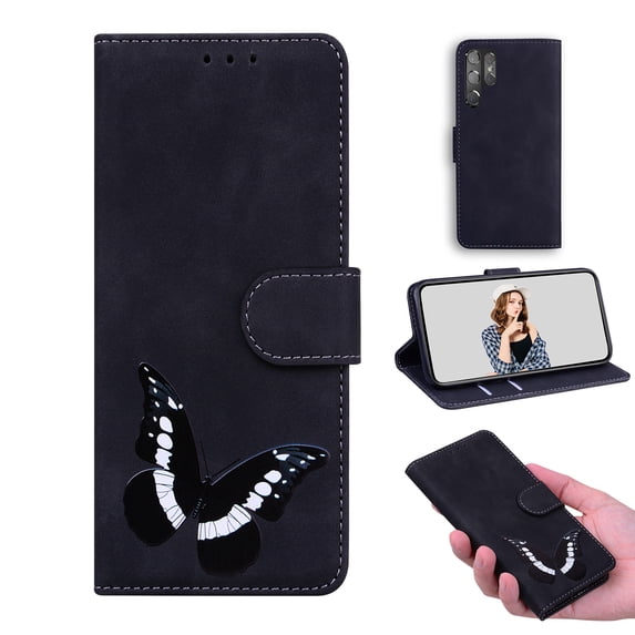 Decase for Samsung Galaxy S24 Ultra Wallet Case for Women with Card Holder,Flip PU Leather Kickstand,Magnetic Closure with Butterfly Pattern Shockproof Anti-Fall Protective Phone Case,Black