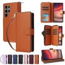 Decase for Samsung Galaxy S25 Ultra Crossbody Strap PU Leather Wallet Case,9 Card Slots,1 Cash Slot,1 Zipper Purse with Wrist Strap, Magnetic Buckle Flip Leather Kickstand Shockproof Case,Brown