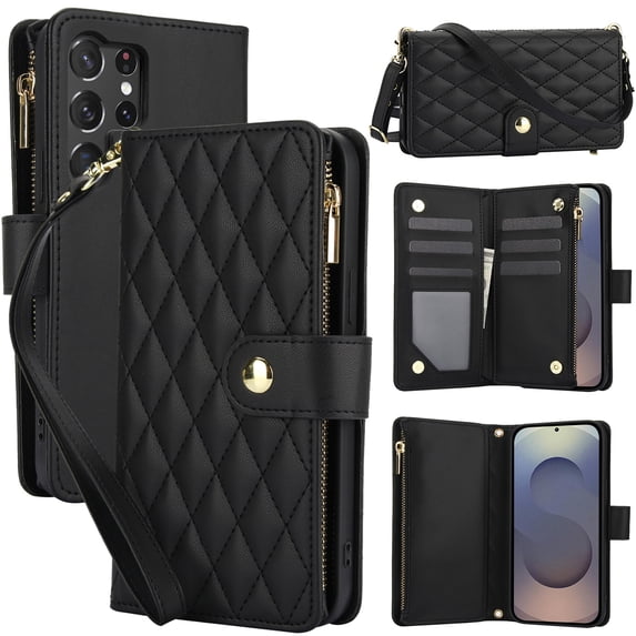 Decase for Samsung Galaxy S25 Wallet Phone Case with Crossbody Lanyard Strap&Wrist Strip,Shockproof Stylish Zipper Pockets Case with Card Slots+Cash Slots,PU Leather Folio Book Design,Black