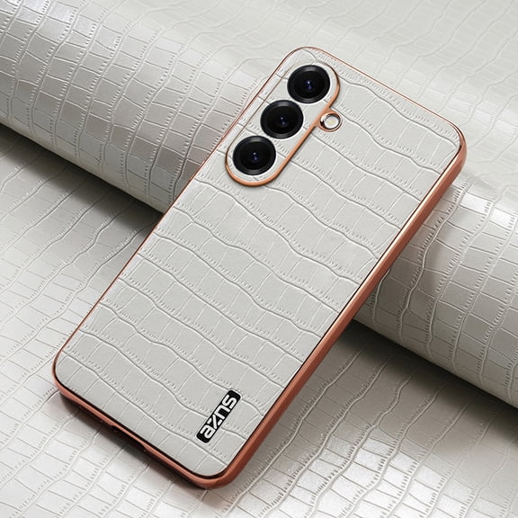 Decase for Samsung Galaxy S26 Crocodile Texture PU Leather Phone Case,Shockproof Slim Cover,Electroplated Metal Edge Anti-Scratch Protective Case,White