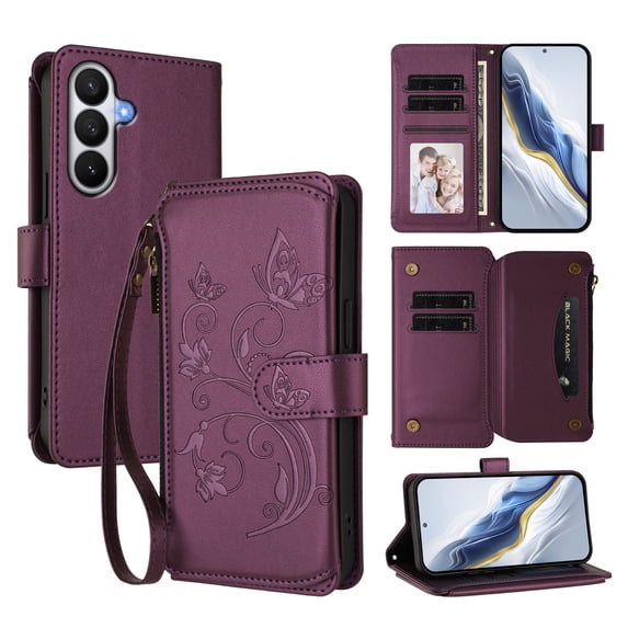 Decase for Samsung Galaxy S26 Crossbody Zipper Wallet Phone Case,Floral Embossed Pattern PU Leather Flip Phone Shell,Shockproof Hybrid Card Slots Stand Cover,Darkpurple