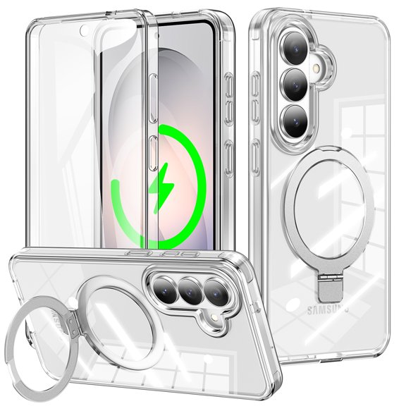 Decase for Samsung Galaxy S26+ Magnetic Case,Full-Body Matte Back Clear Cover with Bulit-in Screen Protector,Rugged Metal Ring Stand Protective Shockproof Shell,Clear