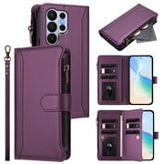 Decase for Samsung Galaxy S26 Ultra Zipper Wallet Phone Case,Shockproof Cover with 9 Card Slots,Magnetic Flip PU Leather Hybrid Card Holder Kickstand,Darkpurple