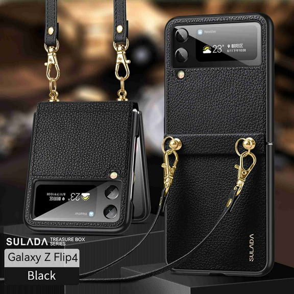 Decase for Samsung Galaxy Z Flip 3 Case,Lanyard Strap Anti-Drop,Ultra Thin Leather Case with Removable Strap Shockproof Case for Women Girl Lady,Black