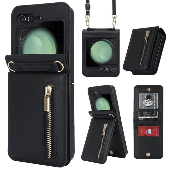 Decase for Samsung Galaxy Z Flip 3 Luxury Zipper Wallet Phone Case, Multi-Function Kickstand Card Holder Adjustable Fashion Flip Cover Case with Crossbody Strap for Samsung Z Flip 3 5G,Black