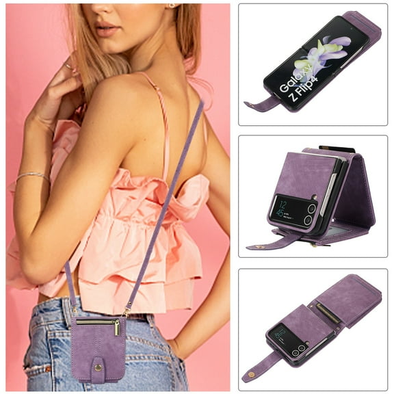 Decase for Samsung Galaxy Z Flip 4 5G Wallet Case (2022 Release), Shockproof PU Leather Zipper Purse with Crossbody Wristlet Strap Card Holder Cover for Galaxy Z Flip 4, Purple