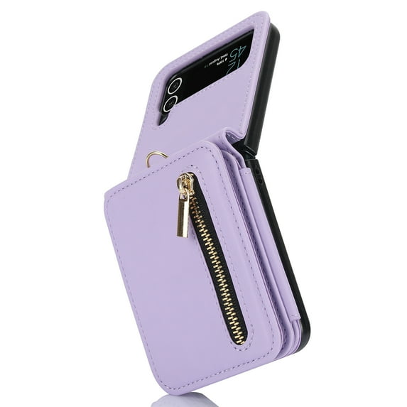 Decase for Samsung Galaxy Z Flip 4 Zipper Wallet Case with 3 Card Slots and RFID Blocking, Hinge Protection, Multi-Function Kickstand Adjustable Crossbody Strap for Unisex,Lightpurple