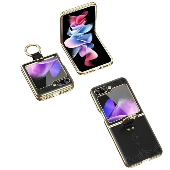 Decase Samsung Galaxy Z Flip 5 2023 Fashionable Leather Case, with Metal Ring Holder Stand Shockproof Anti-Scratch Protective Premium Plating Cover Case for Samsung Z Flip 5 - Black