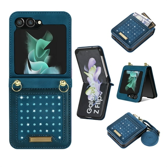 Decase for Samsung Galaxy Z Flip 5 2023 Luxury Wallet Case,360 Full Protection Card Slot Slim Case Premium Leather Shockproof Case with Detachable Crossbody Lanyard Strap for Samsung Z Flip5,Blue