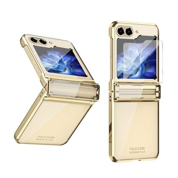 Decase for Samsung Galaxy Z Flip 5 2023 New Phone Case with Small Screen Protector,Fashionable Luxury Slim Fit Shockproof Plating Hinge Protector Phone Cover for Samsung Galaxy Z Flip5 6.7",Gold