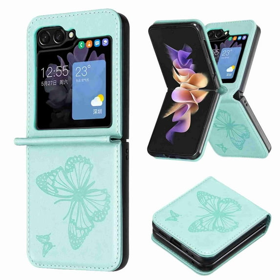 Decase for Samsung Galaxy Z Flip 5 5G 2023, Luxury Elegant Vintage Retro Butterfly Embossed Premium PU Leather Flip Protective Phone Cover,Galaxy Z Flip 5 Wallet Case with Card Stand, Green