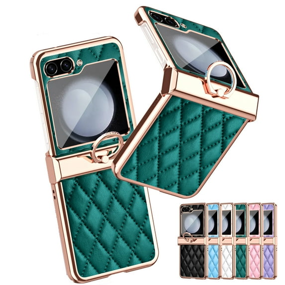 Decase for Samsung Galaxy Z Flip 5 5G 2023 Phone Stylish Case with Diamond Ring Kickstand,Elegant Luxury PU Leather Plating Bumper Protective Case with Hinge Back Cover for Women Girls,Green