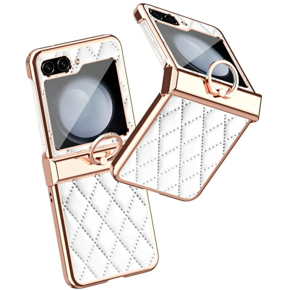 Decase for Samsung Galaxy Z Flip 5 5G 2023 Phone Stylish Case with Diamond Ring Kickstand,Elegant Luxury PU Leather Plating Bumper Protective Case with Hinge Back Cover for Women Girls,White