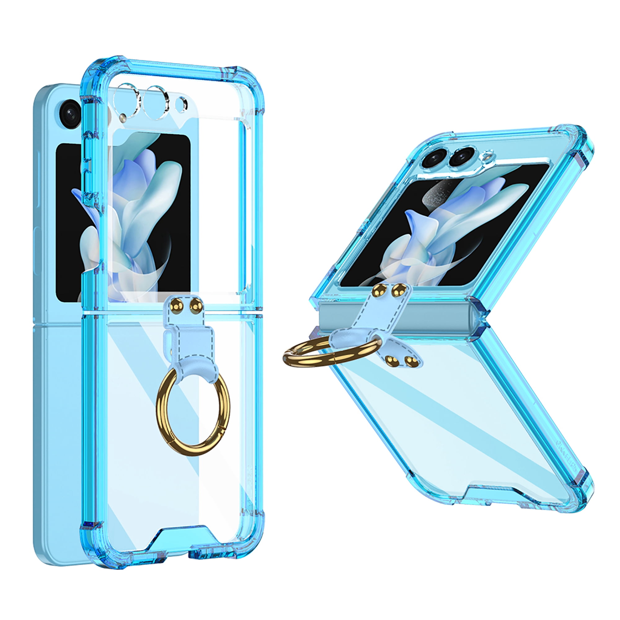 Feishell for Samsung Galaxy Z Flip5 2023 Clear Case with Metal Ring,Luxury  Fashion Plating Shockproof Anti-drop Kickstand Transparent Anti-yellowing
