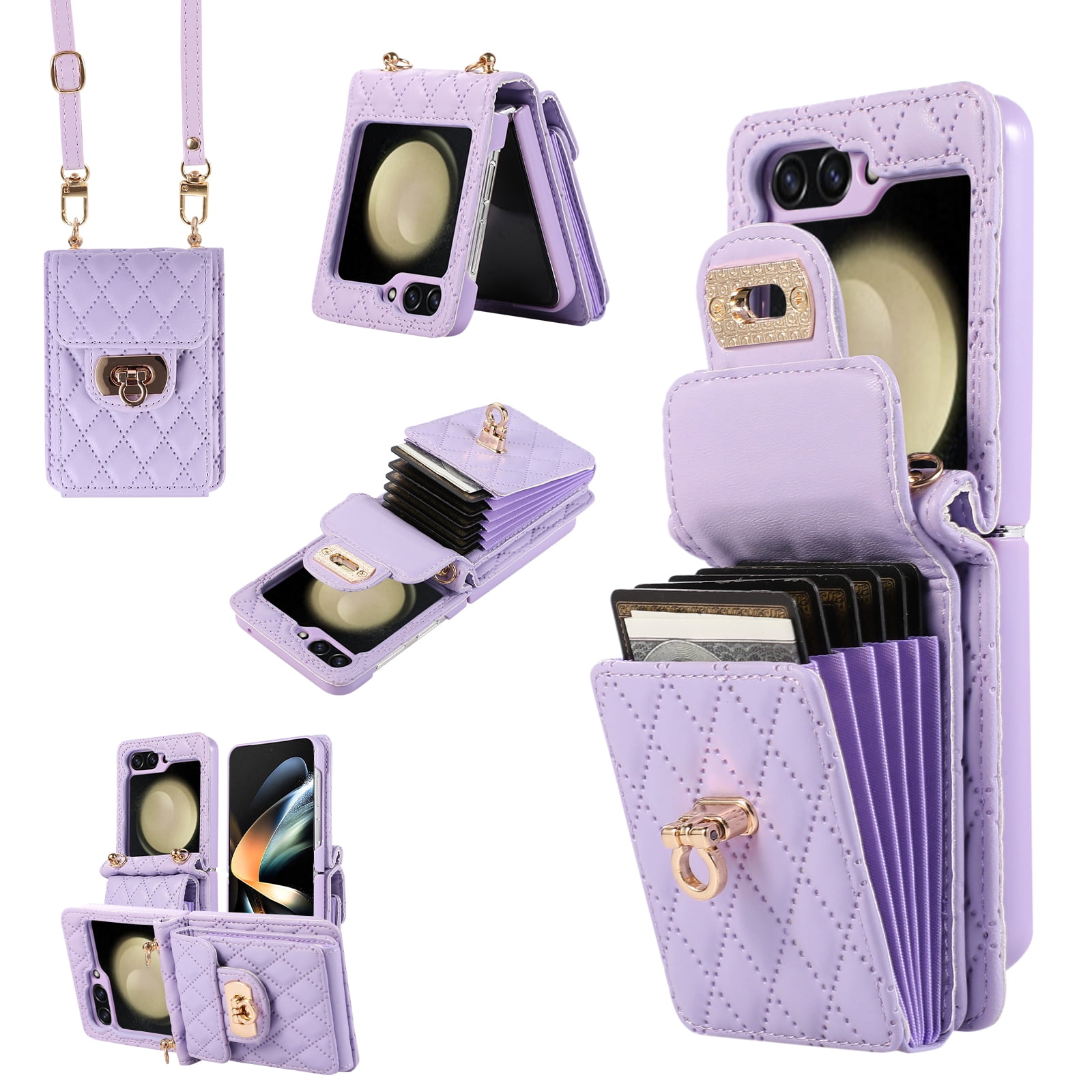 Decase For Samsung Galaxy Z Flip 5 5G Leather Wallet Case, PU Leather Shockproof Case with Crossbody Strap, Back Built in Stand Wallet Credit Card Holder Slots Phone Cover,Purple