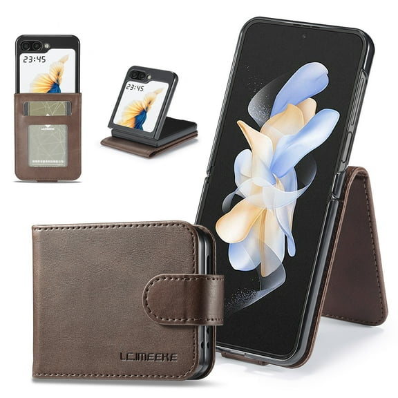 Decase for Samsung Galaxy Z Flip 5 Case with Card Slots Kickstand Function Magnetic Clasp Shockproof Full Body Protective Rugged  Leather Wallet Phone Cover for Galaxy Z Flip 5 2023,Brown