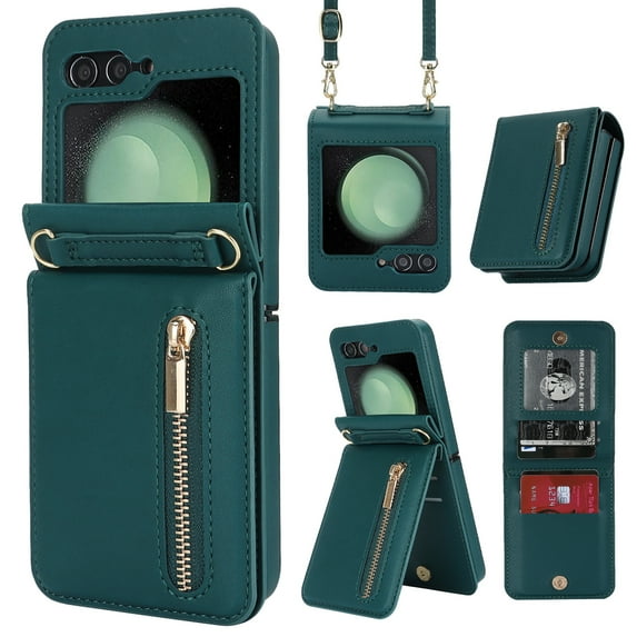 Decase for Samsung Galaxy Z Flip 5 Luxury Zipper Wallet Phone Case, Multi-Function Kickstand Card Holder Adjustable Fashion Flip Cover Case with Crossbody Strap for Samsung Z Flip 5 5G,Darkgreen