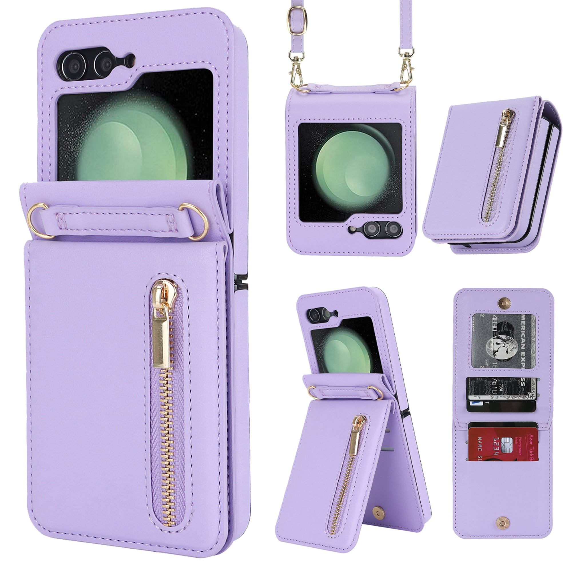 Decase for Samsung Galaxy Z Flip 5 Luxury Zipper Wallet Phone Case, Multi-Function Kickstand Card Holder Adjustable Fashion Flip Cover Case with Crossbody Strap for Samsung Z Flip 5 5G,Purple