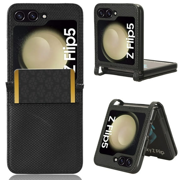 Decase for Samsung Galaxy Z Flip 5 Phone Case, Premium PU Leather Card Slot Slim Fit Rugged Case Fashion Non-Slip Shockproof Full Protection Durable Case Cover for Samsung Z Flip5 2023, Black