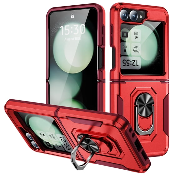 Decase for Samsung Galaxy Z Flip 6 2024 Case with Tempered Screen Protector & Hinge Protection & Finger Ring Metal Stand, Heavy Duty Shockproof Rugged Cover for Galaxy Z Flip6 5G,Red+Rose