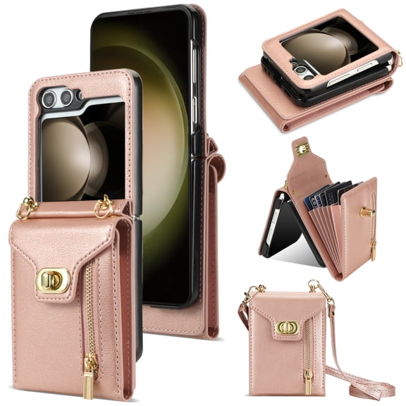 Decase for Samsung Galaxy Z Flip 6 Case with Card Holder Adjustable Crossbody Strap Lanyard, for Samsung Z Flip 6 Case Purse, Fashion Handbag Gift for Women Ladys,Rosegold