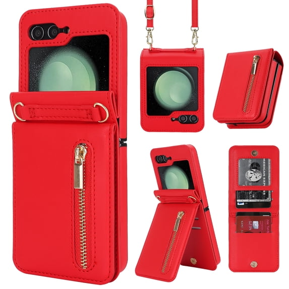 Decase for Samsung Galaxy Z Flip 6 Luxury Zipper Wallet Phone Case, Multi-Function Kickstand Card Holder Adjustable Fashion Flip Cover Case with Crossbody Strap for Samsung Z Flip 6 5G 2024,Red