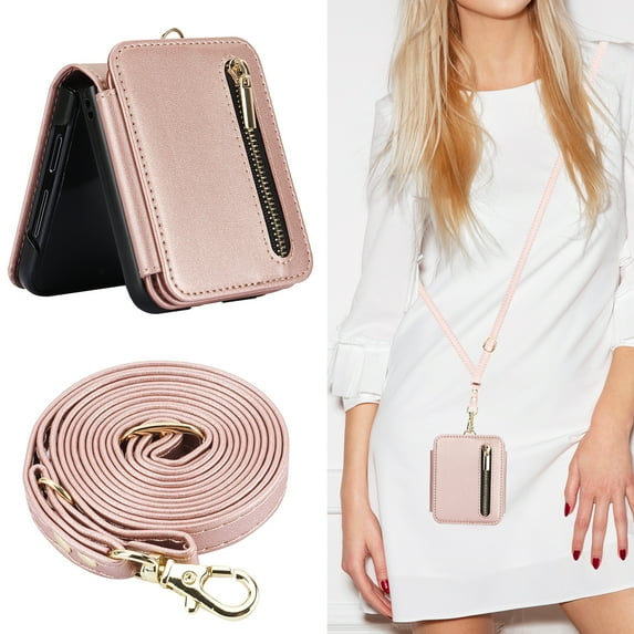 Decase for Samsung Galaxy Z Flip 6 Zipper Wallet Case with 3 Card Slots and RFID Blocking, Hinge Protection, Multi-Function Kickstand Adjustable Crossbody Strap for Unisex,Rosegold