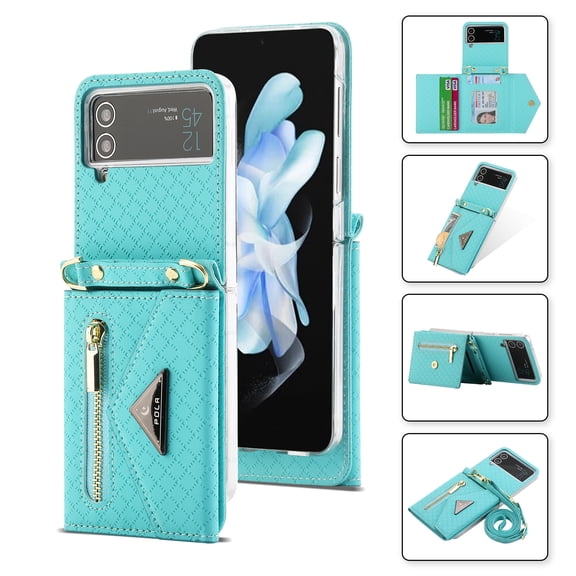 Decase Samsung Galaxy Z Flip4 Crossbody Wallet Case, Z Flip4 5G Wallet Case with Card Holder for Women,Leather Magnetic Zipper Purse Back Case with Card Slot Kickstand Shoulder Strap,Cyan
