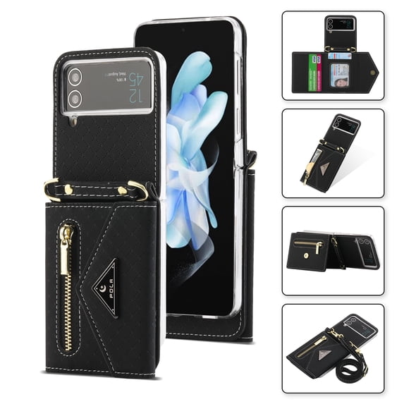 Decase Samsung Galaxy Z Flip4 Crossbody Wallet Case, Z Flip4 5G Wallet Case with Card Holder for Women,Leather Magnetic Zipper Purse Back Case with Card Slot Kickstand Shoulder Strap,Black