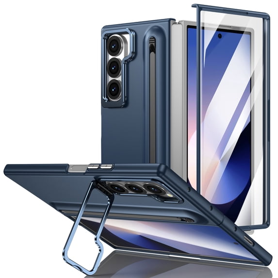 Decase for Samsung Galaxy Z Fold 4 Case with Pen Holder & Stylus, Camera Frame Stand,Pen Slot Phone Case with Screen Protector Matte PC Bumper Anti-Scratch Kickstand Cover for Z Fold 6,Darkblue