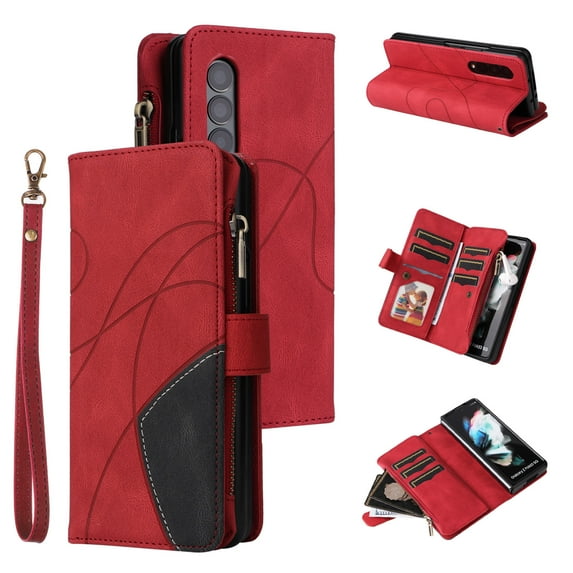 Decase for Samsung Galaxy Z Fold 4 Case Wallet with RFID Blocking Card Slot Soft PU Leather Zipper Flip Folio with Wrist Strap Protective Cover for Galaxy Z Fold 4 Case 7.6 inch,Red