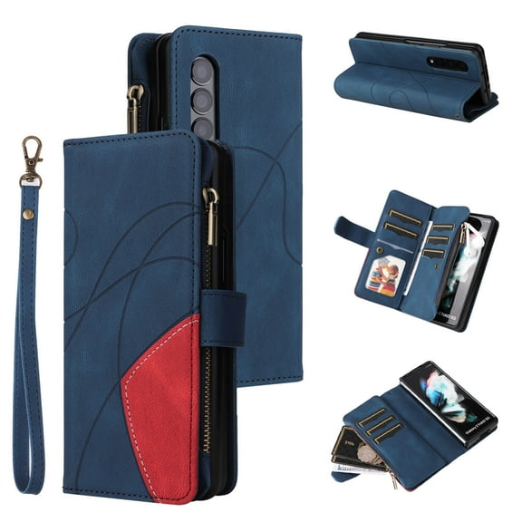 Decase for Samsung Galaxy Z Fold 4 Case Wallet with RFID Blocking Card Slot Soft PU Leather Zipper Flip Folio with Wrist Strap Protective Cover for Galaxy Z Fold 4 Case 7.6 inch,Blue