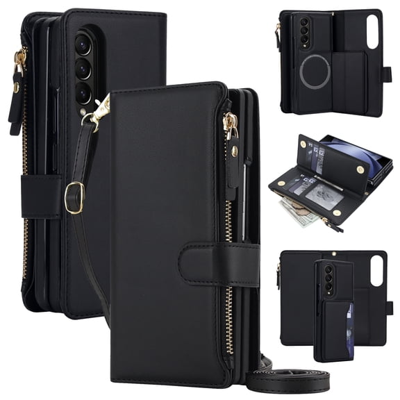 Decase for Samsung Galaxy Z Fold 4 Crossbody Wallet Case with Detachable Magnetic Phone Cover,RFID Blocking Faux Leather Flip Folio Cover with Zipper Pocket and Strap,Black