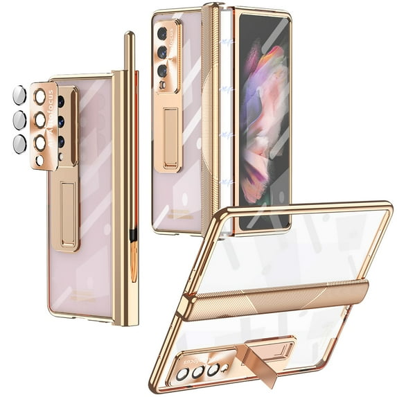 Decase for Samsung Galaxy Z Fold 4 with Hinge Protection and Built-in Screen Protector,Plating PC Transparent Crystal Clear Phone Case All-Inclusive Shockproof Cover with Stylus,Gold