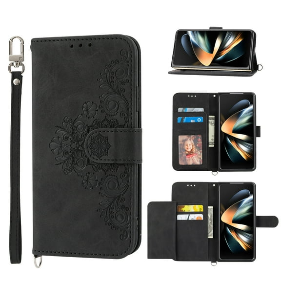 Decase for Samsung Galaxy Z Fold 4 Shoulder Crossbody Wallet Case with Card Slots, Floral Embossed PU Leather Wallet Flip Protective Kickstand Wrist Strap Cover, black