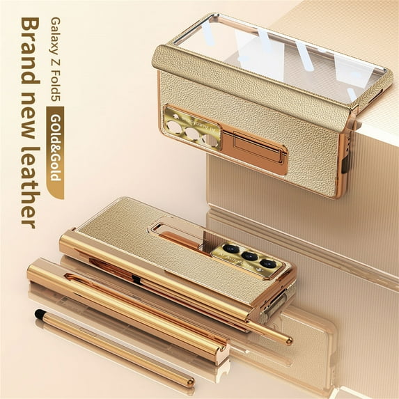 Decase for Samsung Galaxy Z Fold 5 2023 Luxury Cover, Hinge Protection Built-in Screen Protector Full Body Shockproof Plating Leather Hidden Stand Case with Stylus for Samsung Z Fold 5,Gold+Gold