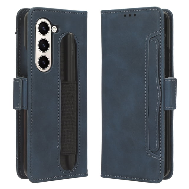 Decase for Samsung Galaxy Z Fold 5 5G Luxury Leather Case with Card Holder Stand + Pen Slot and Stylus Slim Shockproof Business Wallet Cover For Samsung Galaxy Z Fold 5 2023 New Phone,Blue
