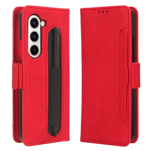 Decase for Samsung Galaxy Z Fold 5 5G Luxury Leather Case with Card Holder Stand + Pen Slot and Stylus Slim Shockproof Business Wallet Cover For Samsung Galaxy Z Fold 5 2023 New Phone,Red