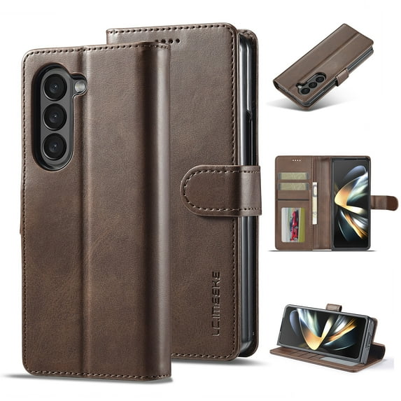 Decase for Samsung Galaxy Z Fold 5 Case with Card Slots Kickstand Function Magnetic Clasp Shockproof Full Body Protective Rugged Leather Wallet Phone Cover for Galaxy Z Fold 5 2023,Brown