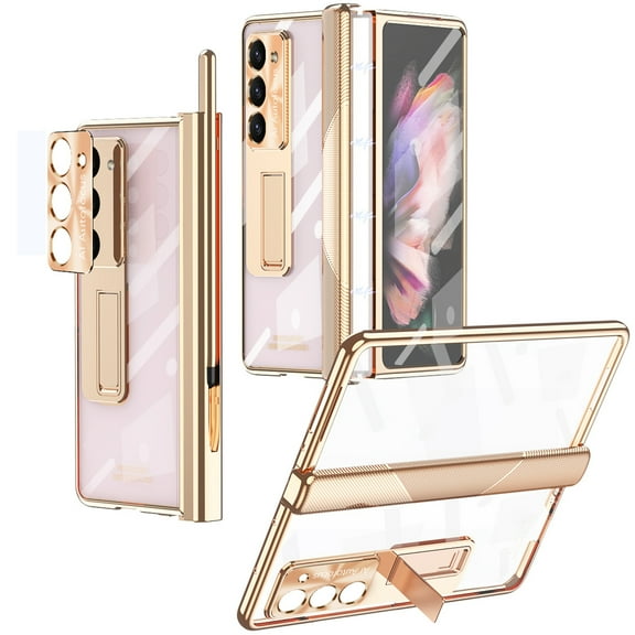 Decase for Samsung Galaxy Z Fold 5 Case with Stylus & S Pen Holder, Z Fold 5 5G Clear Case with Hinge + Hidden Stand Protection Plating PC Cover with Built-in Screen Protector Kickstand,Gold