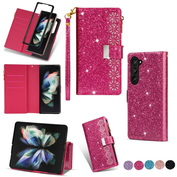 Decase for Samsung Galaxy Z Fold 5 Stylish Wallet Case,Bling Glitter Leather Zipper Pocket 9 Card Holders Stand Function Magnetic Clasp Detachable Lanyard Purse Case for Galaxy Z Fold 5,Rose