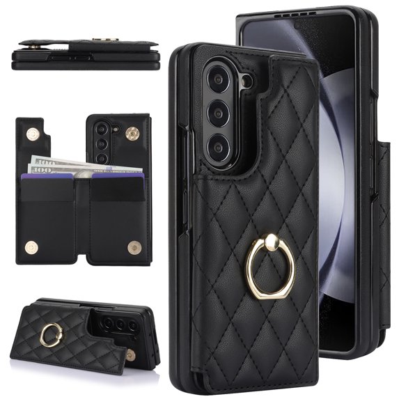 Decase for Samsung Galaxy Z Fold 5 Wallet Case with Credit Card Holder Slot Kickstand,with 360°Rotation Ring Holder,Rugged Shockproof Flip PU Leather Durable Phone Protective Case,Black