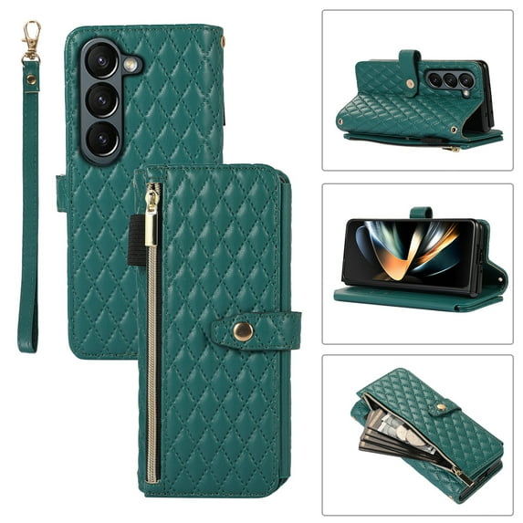 Decase for Samsung Galaxy Z Fold 5 Wallet Case,Zipper Sheepskin Pattern Luxury Leather Zipper Purse Elegant Style Case Shockproof Non-Slip Phone Cover with Removable Adjustable Shoulder Strap,Green