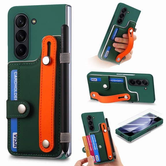 Decase for Samsung Galaxy Z Fold 6 with Built-in Screen Protector, Shockproof Wallet Card Holder Back with Wrist Strap & S Pen Holder & Stand Finger Grip Cover Case, Darkgreen