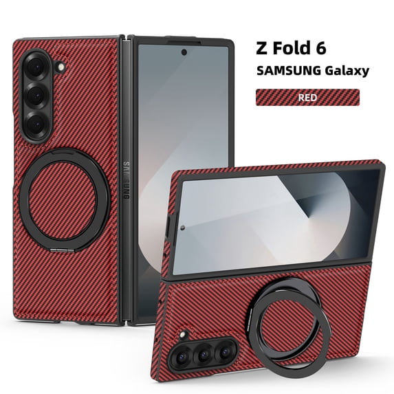 Decase for Samsung Galaxy Z Fold 6 Case with Magnetic 360° Rotation Stand,Compatible with Mag-safe, Military Grade Shockproof Case, Carbon Fiber Texture Design for Samsung Galaxy Z Fold 6,Red