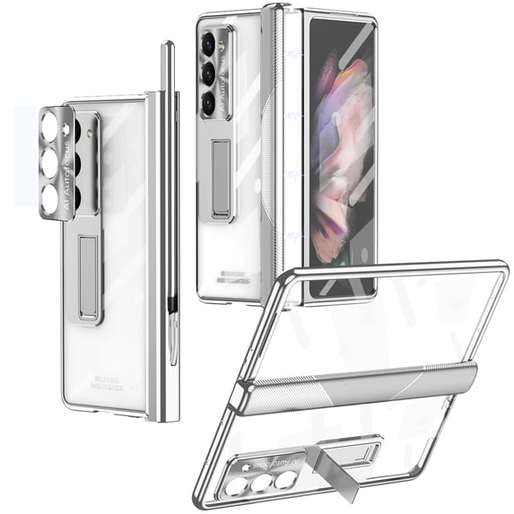 Decase for Samsung Galaxy Z Fold 7 2025 Case with Stylus & Pen Holder, Z Fold 7 5G Clear Case with Hinge + Hidden Stand Protection Plating PC Cover with Built-in Screen Protector Kickstand,Silver