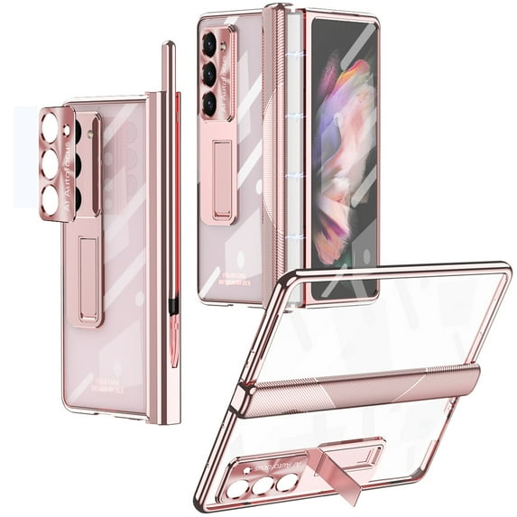 Decase for Samsung Galaxy Z Fold 7 2025 Case with Stylus & Pen Holder, Z Fold 7 5G Clear Case with Hinge + Hidden Stand Protection Plating PC Cover with Built-in Screen Protector Kickstand,Rosegold