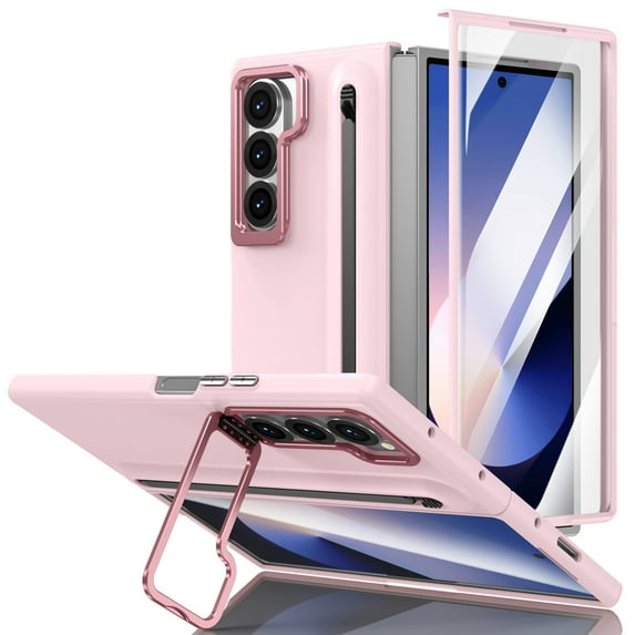 Decase for Samsung Galaxy Z Fold 7 Case with Pen Holder & Stylus, Camera Frame Stand,Pen Slot Phone Case with Screen Protector Matte PC Bumper Anti-Scratch Kickstand Cover for Z Fold 7,Pink