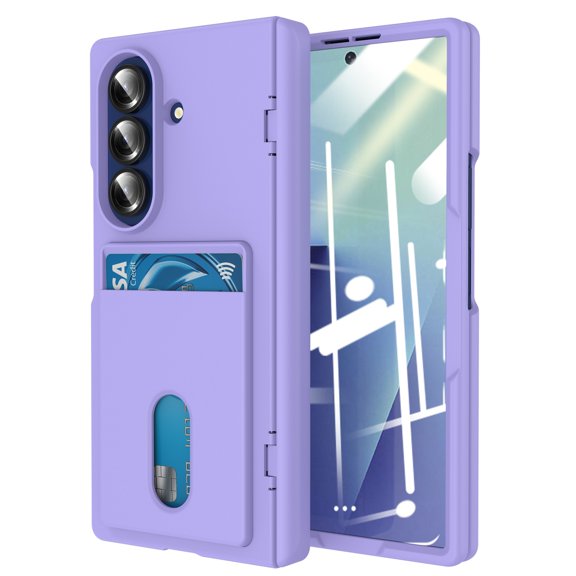 Decase for Samsung Galaxy Z Fold 7 Matte Case with Card Slot Kickstand,Shockproof Heat Dissipation Cover Bulit in Tempered Glass Screen Protector,Purple