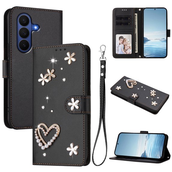 Decase for Samsung Galaxy Z Fold 7 Shockproof Phone Case,Rhinestone Heart Flower Pearl PU Leather Card Holder Wallet Cover,Folio Flip Magnetic Closure Card Slots Cover,Black